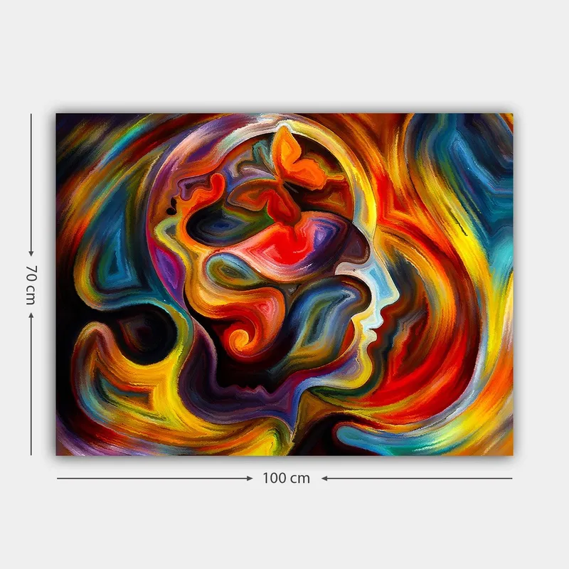 Canvastavla 70x100 cm - Färgstark och abstrakt skildring av en människas profil med inslag av en fjäril som symboliserar transformation och frihet - Röd / Orange / Blå - Inredning & dekor - Tavlor & konst - Canvastavla
