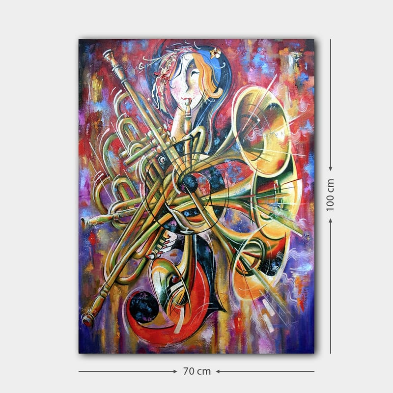 Canvastavla 70x100 cm - Färgstark och abstrakt skildring av en musiker omgiven av olika blåsinstrument - Guld / Röd / Blå - Inredning & dekor - Tavlor & konst - Canvastavla