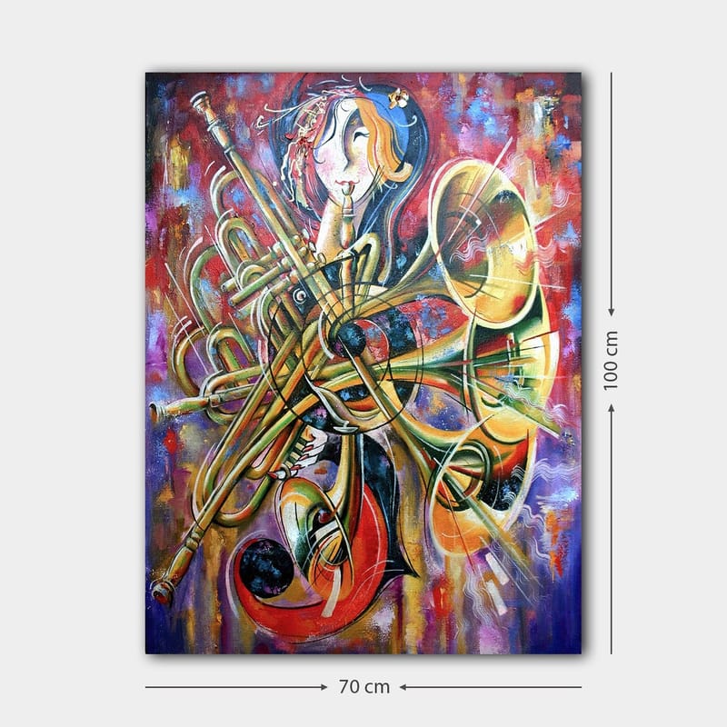 Canvastavla 70x100 cm - Färgstark och abstrakt skildring av en musiker omgiven av olika blåsinstrument - Guld / Röd / Blå - Inredning & dekor - Tavlor & konst - Canvastavla