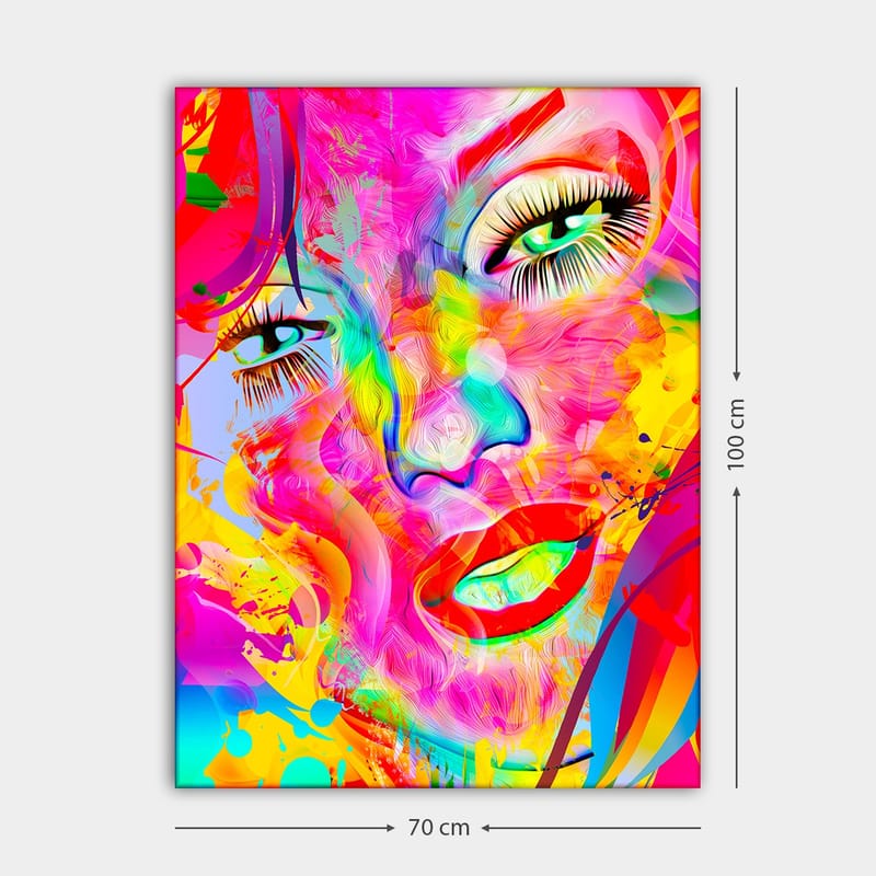 Canvastavla 70x100 cm - Färgstark och abstrakt porträtt av en kvinna med uttrycksfulla ögon och läppar - Rosa / Gul / Grön - Inredning & dekor - Tavlor & konst - Canvastavla