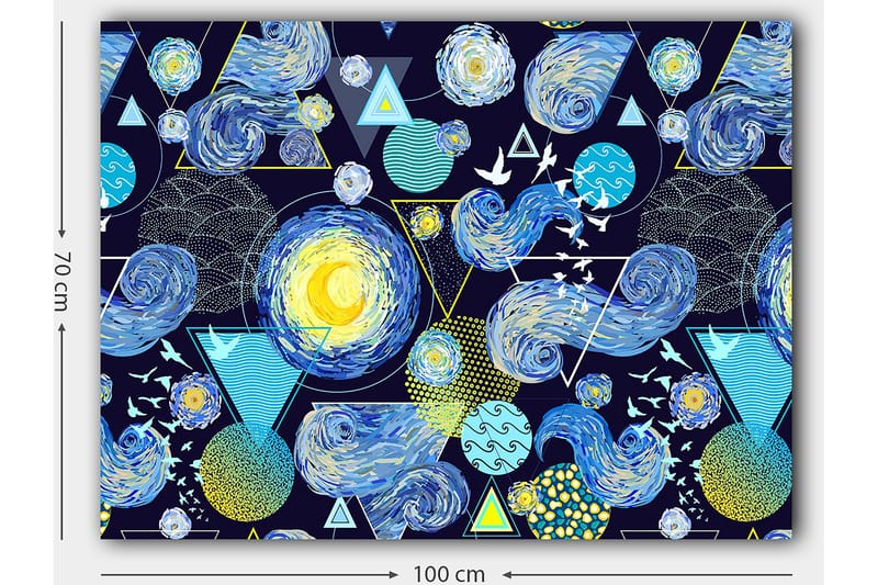 Canvastavla 70x100 cm - Färgstark och dynamisk tolkning av natthimlen med snurrande galaxer och geometriska former - Blå / Gul / Vit - Inredning & dekor - Tavlor & konst - Canvastavla