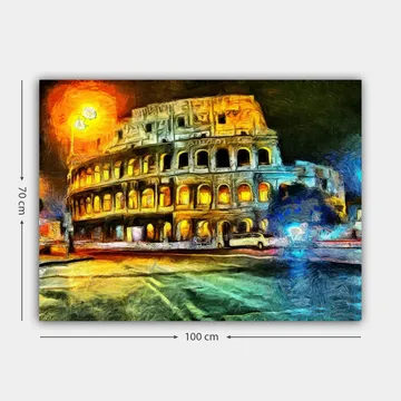 Canvastavla 70x100 cm - Färgstark och impressionistisk avbildning av Colosseum i Rom, belyst av gult och orange ljus - Gult / Blått / Orange - Inredning & dekor - Tavlor & konst - Canvastavla