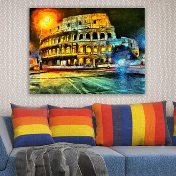 Canvastavla 70x100 cm - Färgstark och impressionistisk avbildning av Colosseum i Rom, belyst av gult och orange ljus - Gult / Blått / Orange - Inredning & dekor - Tavlor & konst - Canvastavla