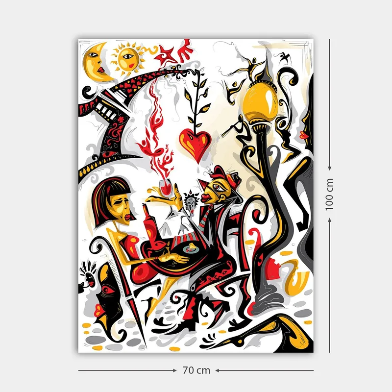 Canvastavla 70x100 cm - Färgstark och livfull scen med en kvinna och en man som interagerar, omgiven av symboler för kärlek och liv - Röd / Svart / Gul - Inredning & dekor - Tavlor & konst - Canvastavla