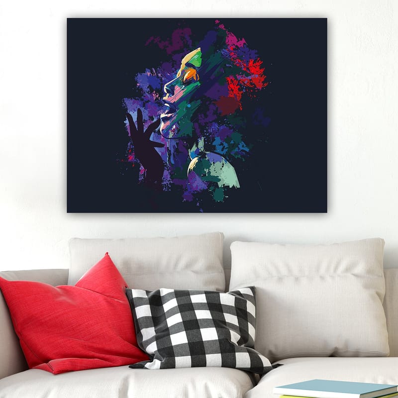 Canvastavla 70x100 cm - Färgstark och uttrycksfull porträtt av en kvinna som sjunger med passion - Lila / Grön / Röd - Inredning & dekor - Tavlor & konst - Canvastavla