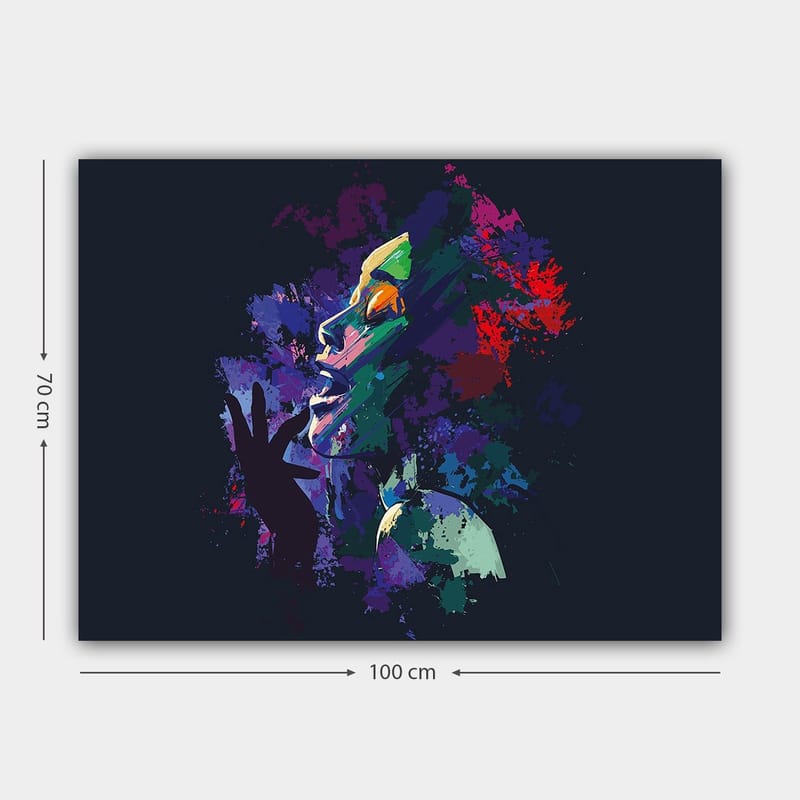Canvastavla 70x100 cm - Färgstark och uttrycksfull porträtt av en kvinna som sjunger med passion - Lila / Grön / Röd - Inredning & dekor - Tavlor & konst - Canvastavla