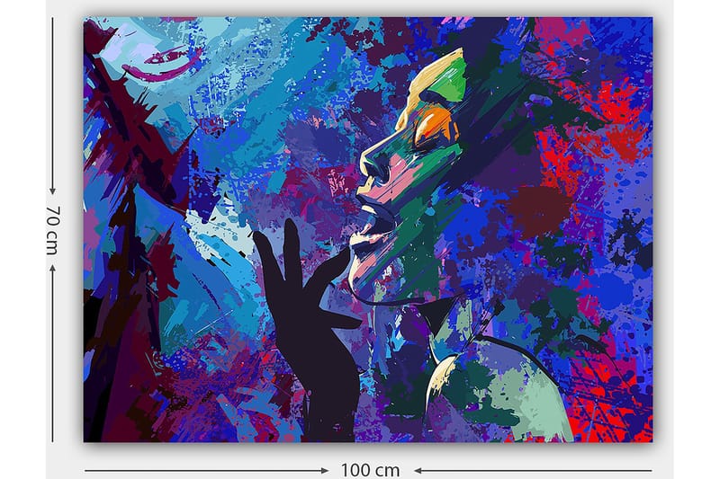 Canvastavla 70x100 cm - Färgstark och uttrycksfull porträttmålning av en kvinna som gestikulerar med handen mot ansiktet - Blå / Grön / Lila - Inredning & dekor - Tavlor & konst - Canvastavla