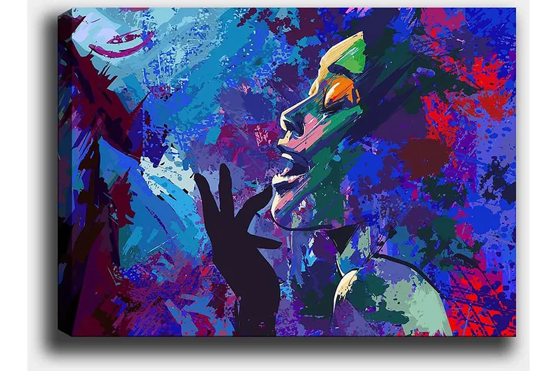 Canvastavla 70x100 cm - Färgstark och uttrycksfull porträttmålning av en kvinna som gestikulerar med handen mot ansiktet - Blå / Grön / Lila - Inredning & dekor - Tavlor & konst - Canvastavla