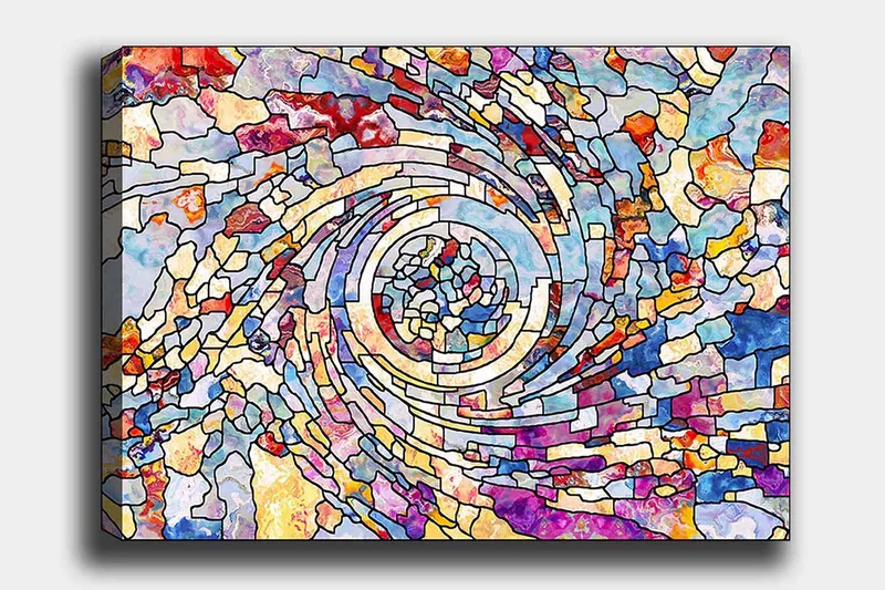 Canvastavla 70x100 cm - Färgstark spiral av abstrakta former som skapar en dynamisk rörelse, Blå / Röd / Gul