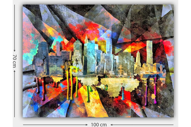Canvastavla 70x100 cm - Färgstark stadsbild som fångar en skyline med skyskrapor och reflektioner i vattnet - Blå / Röd / Gul - Inredning & dekor - Tavlor & konst - Canvastavla