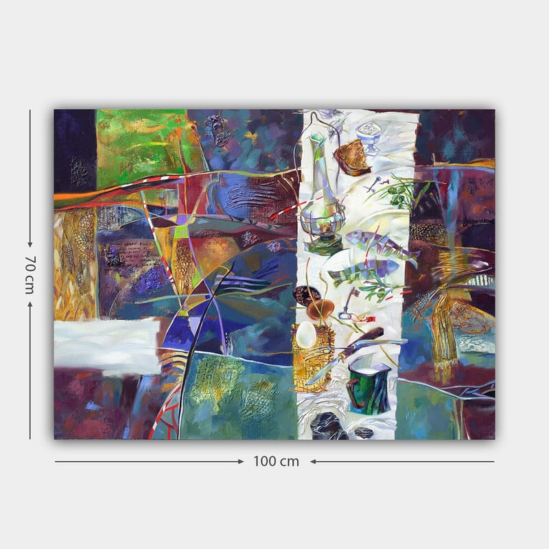 Canvastavla 70x100 cm - Färgstark stillhet med ett dukat bord som visar olika föremål och mat - Grön / Blå / Lila - Inredning & dekor - Tavlor & konst - Canvastavla