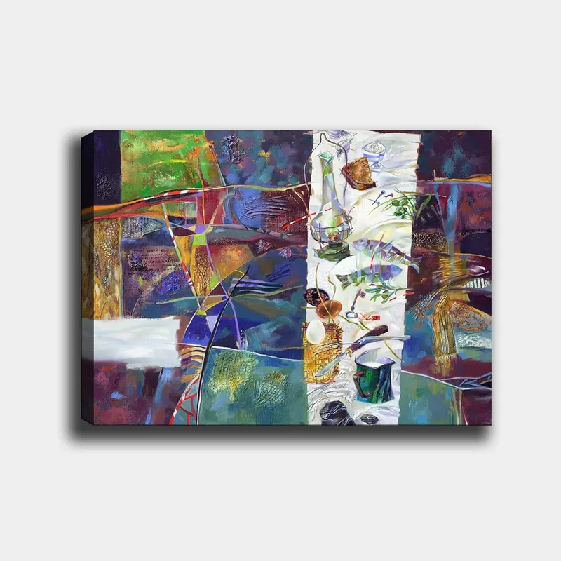 Canvastavla 70x100 cm - Färgstark stillhet med ett dukat bord som visar olika föremål och mat - Grön / Blå / Lila - Inredning & dekor - Tavlor & konst - Canvastavla