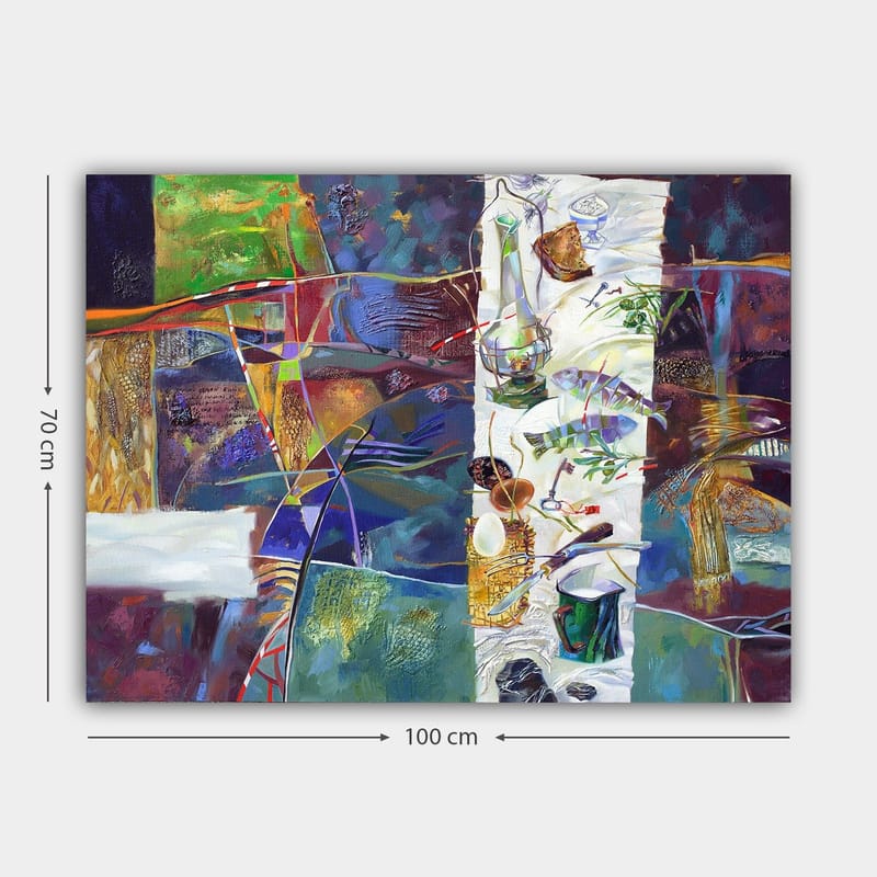 Canvastavla 70x100 cm - Färgstark stillhet med ett dukat bord som visar olika föremål och mat - Grön / Blå / Lila - Inredning & dekor - Tavlor & konst - Canvastavla