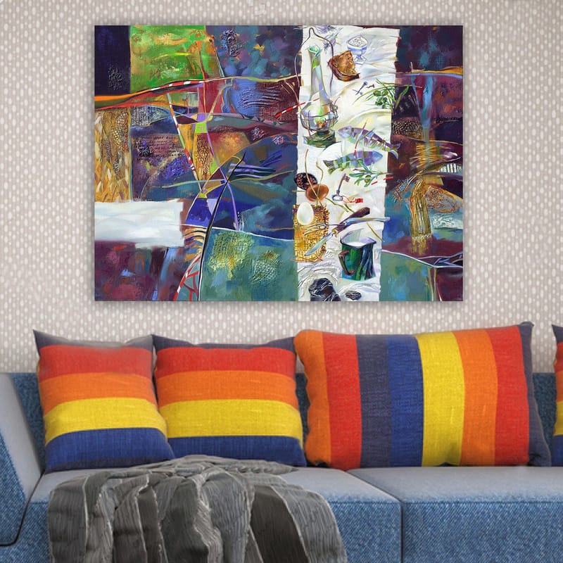 Canvastavla 70x100 cm - Färgstark stillhet med ett dukat bord som visar olika föremål och mat - Grön / Blå / Lila - Inredning & dekor - Tavlor & konst - Canvastavla