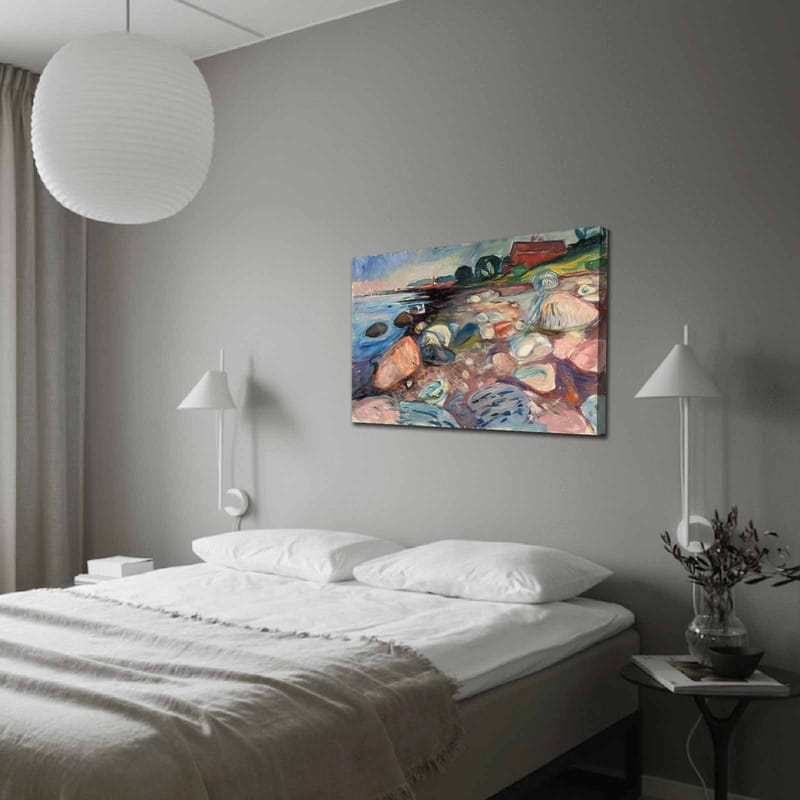 Canvastavla 70x100 cm - Färgstark strandscen med stenar och en röd stuga i bakgrunden, Blå / Rosa / Grön