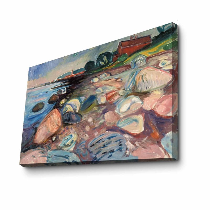 Canvastavla 70x100 cm - Färgstark strandscen med stenar och en röd stuga i bakgrunden - Blå / Rosa / Grön - Inredning & dekor - Tavlor & konst - Canvastavla