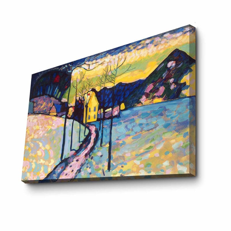 Canvastavla 70x100 cm - Färgstark vinterlandskap med en väg som leder till ett gult hus omgiven av snö och träd - Blå / Gul / Vit - Inredning & dekor - Tavlor & konst - Canvastavla