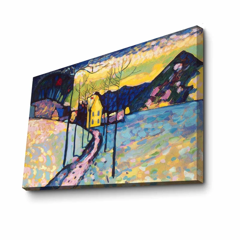 Canvastavla 70x100 cm - Färgstark vinterlandskap med en väg som leder till ett gult hus omgiven av snö och träd - Blå / Gul / Vit - Inredning & dekor - Tavlor & konst - Canvastavla