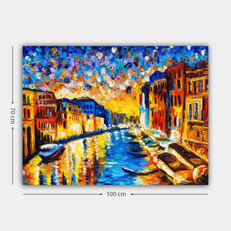 Canvastavla 70x100 cm - Färgstark vy av en kanal med byggnader och båtar under en solnedgång i en stad - Blå / Orange / Gul - Inredning & dekor - Tavlor & konst - Canvastavla