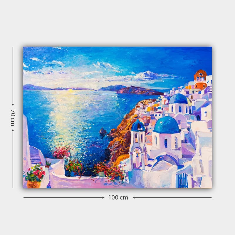 Canvastavla 70x100 cm - Färgstark vy över en grekisk kuststad med vita byggnader och blå kupoler som sträcker sig mot havet - Blå / Vit / Orange - Inredning & dekor - Tavlor & konst - Canvastavla