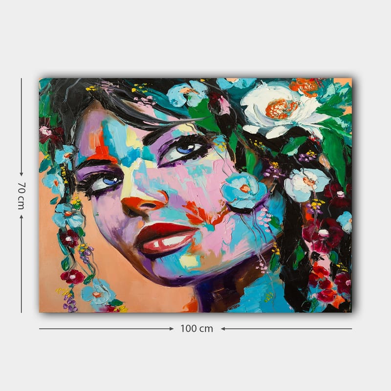 Canvastavla 70x100 cm - Färgstark porträttmålning av en kvinna med blommor i håret - Blå / Röd / Grön - Inredning & dekor - Tavlor & konst - Canvastavla