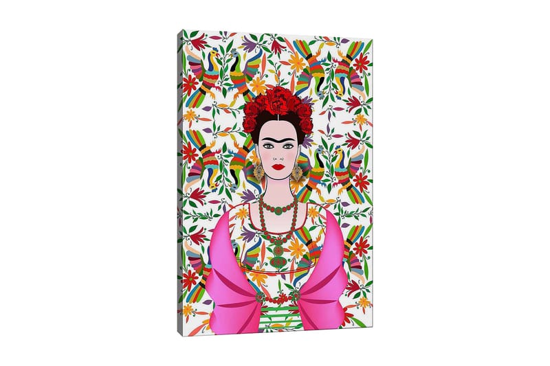 Canvastavla 70x100 cm - Färgstark porträtt av en kvinna med traditionell mexikansk klädsel och blommor i håret, omgiven av en livlig bakgrund med fåglar och blommor, Rosa / Grön / Röd