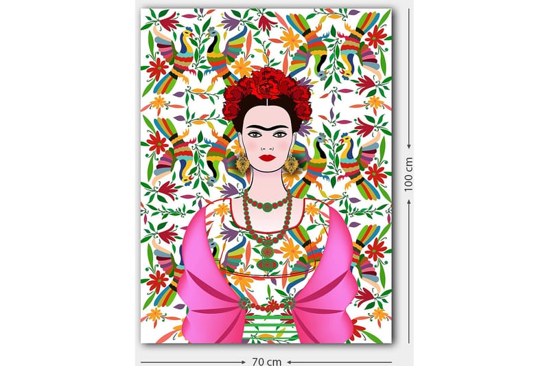 Canvastavla 70x100 cm - Färgstark porträtt av en kvinna med traditionell mexikansk klädsel och blommor i håret, omgiven av en livlig bakgrund med fåglar och blommor - Rosa / Grön / Röd - Inredning & dekor - Tavlor & konst - Canvastavla