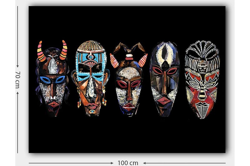 Canvastavla 70x100 cm - Fem färgglada masker med olika mönster och uttryck - Röd / Svart / Blå - Inredning & dekor - Tavlor & konst - Canvastavla