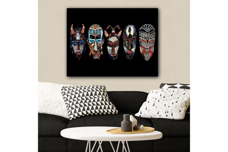 Canvastavla 70x100 cm - Fem färgglada masker med olika mönster och uttryck - Röd / Svart / Blå - Inredning & dekor - Tavlor & konst - Canvastavla