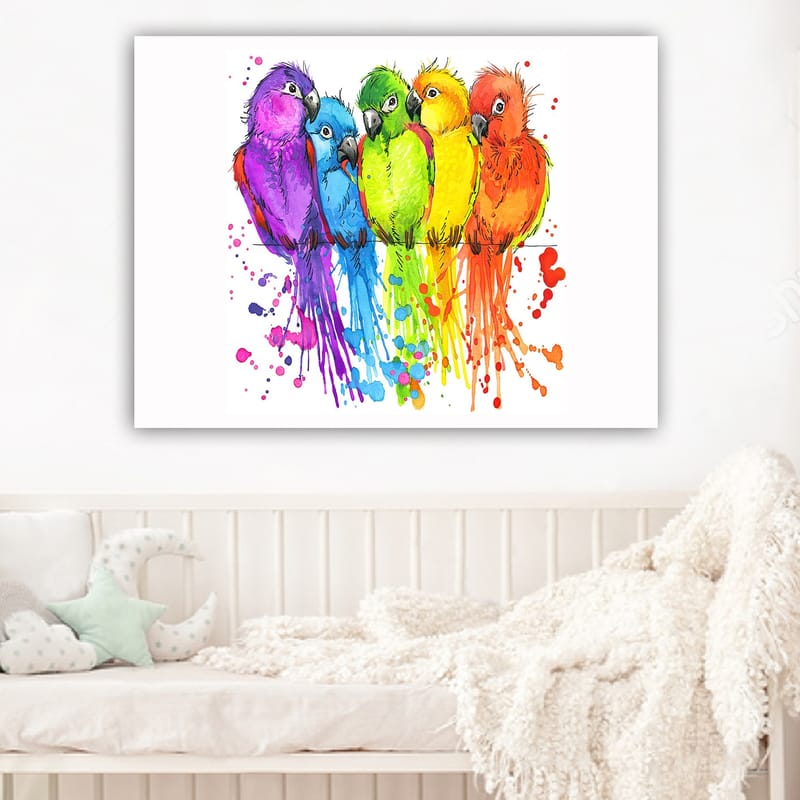 Canvastavla 70x100 cm - Fem färgglada papegojor i rad - Lila / Grön / Orange - Inredning & dekor - Tavlor & konst - Canvastavla