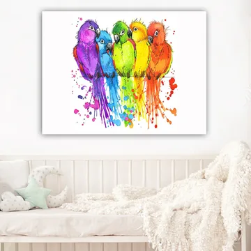 Canvastavla 70x100 cm - Fem färgglada papegojor i rad - Lila / Grön / Orange - Inredning & dekor - Tavlor & konst - Canvastavla