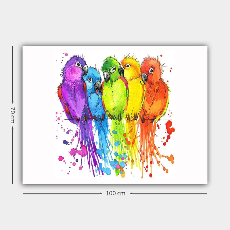 Canvastavla 70x100 cm - Fem färgglada papegojor i rad - Lila / Grön / Orange - Inredning & dekor - Tavlor & konst - Canvastavla