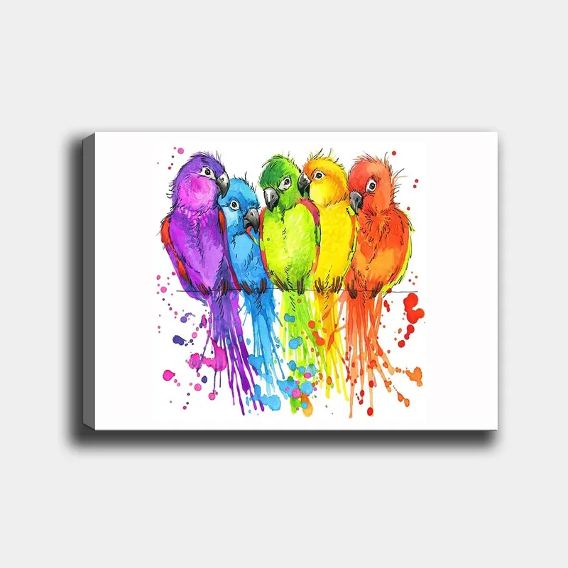 Canvastavla 70x100 cm - Fem färgglada papegojor i rad, Lila / Grön / Orange
