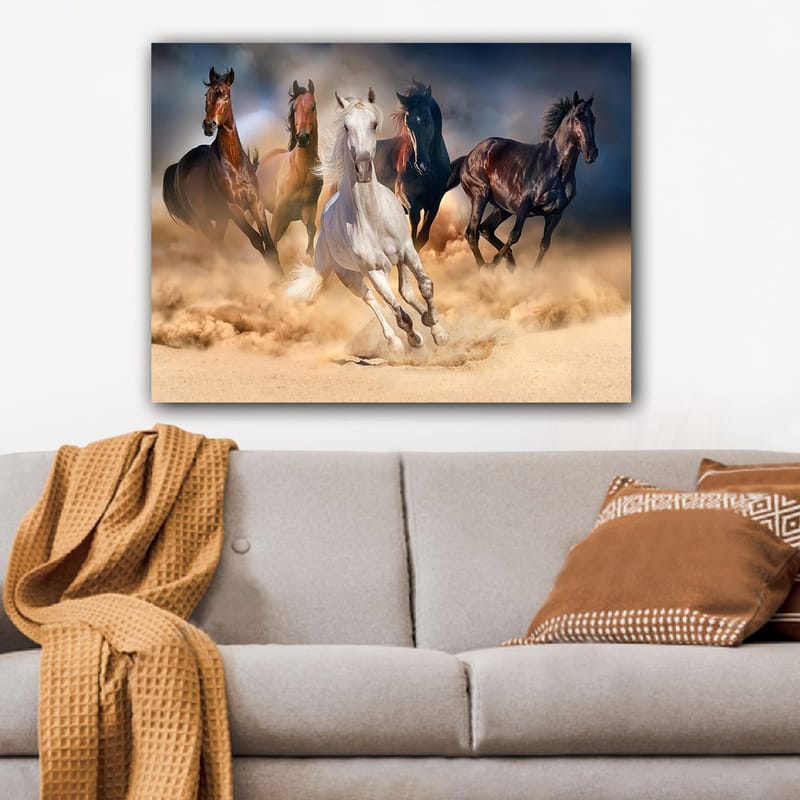 Canvastavla 70x100 cm - Fem hästar i full galopp genom sand och damm - Vit / Brun / Svart - Inredning & dekor - Tavlor & konst - Canvastavla
