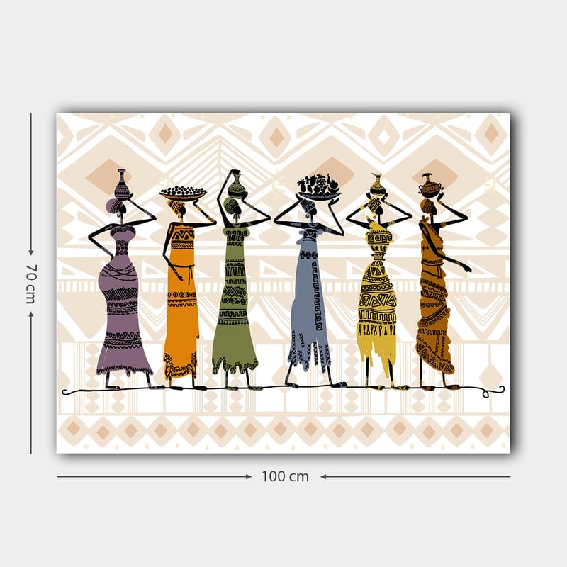 Canvastavla 70x100 cm - Fem kvinnor i traditionella kläder som bär föremål på huvudet - Lila / Orange / Grön - Inredning & dekor - Tavlor & konst - Canvastavla