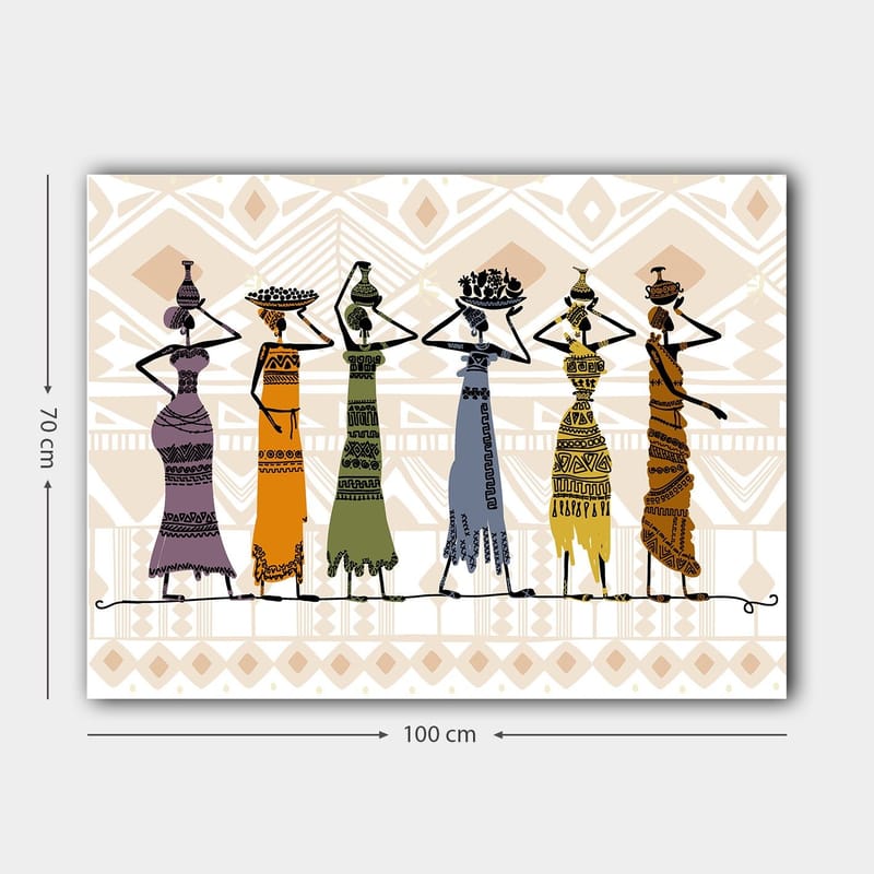 Canvastavla 70x100 cm - Fem kvinnor i traditionella kläder som bär föremål på huvudet - Lila / Orange / Grön - Inredning & dekor - Tavlor & konst - Canvastavla