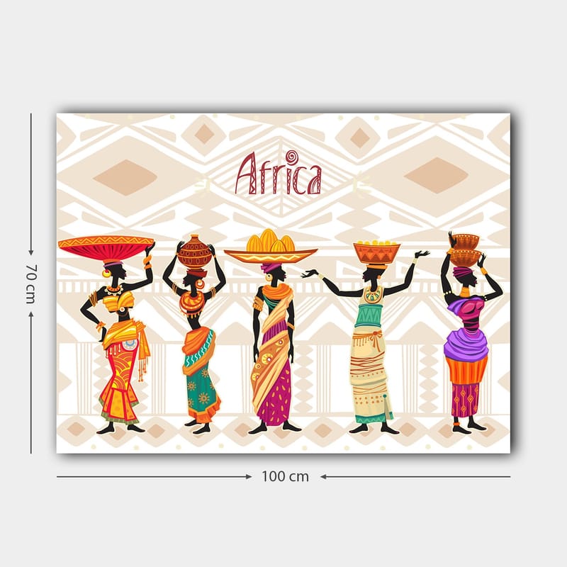 Canvastavla 70x100 cm - Fem kvinnor i traditionella kläder som bär på olika föremål på huvudet, med en afrikansk kulturell bakgrund - Röd / Orange / Grön - Inredning & dekor - Tavlor & konst - Canvastavla