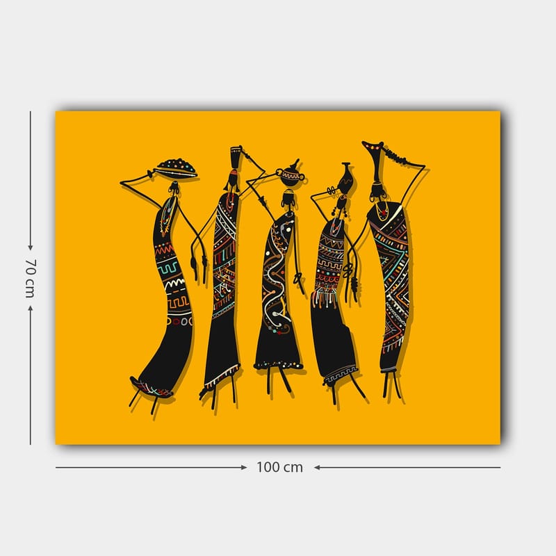 Canvastavla 70x100 cm - Fem stiliserade kvinnor i traditionella kläder som bär föremål på huvudet - Svart / Gul / Röd - Inredning & dekor - Tavlor & konst - Canvastavla