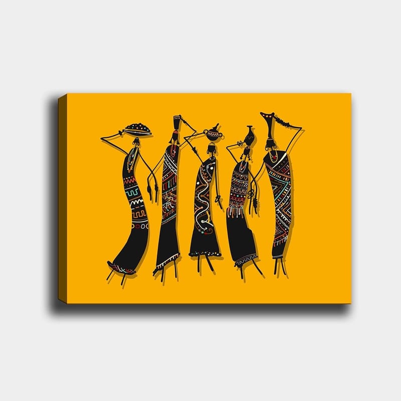 Canvastavla 70x100 cm - Fem stiliserade kvinnor i traditionella kläder som bär föremål på huvudet - Svart / Gul / Röd - Inredning & dekor - Tavlor & konst - Canvastavla