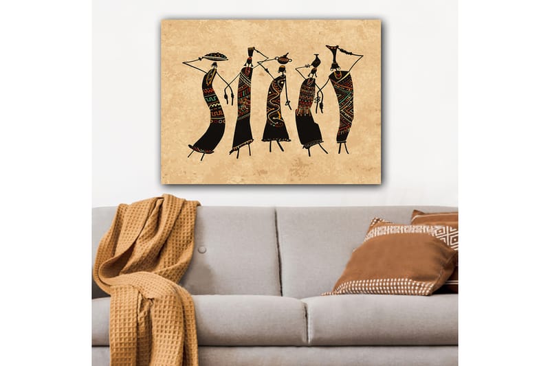 Canvastavla 70x100 cm - Fem stiliserade kvinnor som dansar med traditionella kläder och accessoarer - Svart / Röd / Grön - Inredning & dekor - Tavlor & konst - Canvastavla