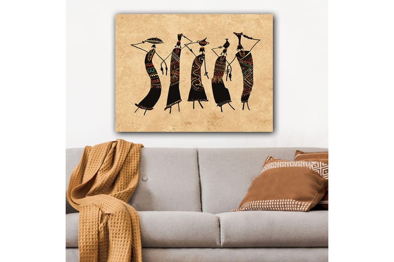 Canvastavla 70x100 cm - Fem stiliserade kvinnor som dansar med traditionella kläder och accessoarer - Svart / Röd / Grön - Inredning & dekor - Tavlor & konst - Canvastavla