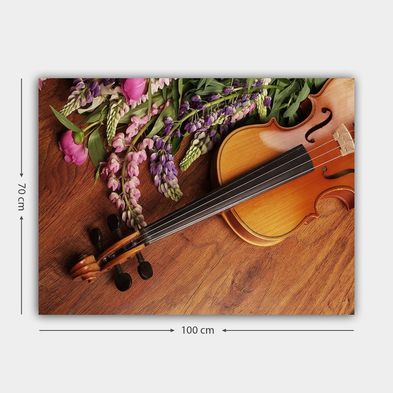 Canvastavla 70x100 cm - Fiol omgiven av färgglada blommor - Lila / Rosa / Brun - Inredning & dekor - Tavlor & konst - Canvastavla