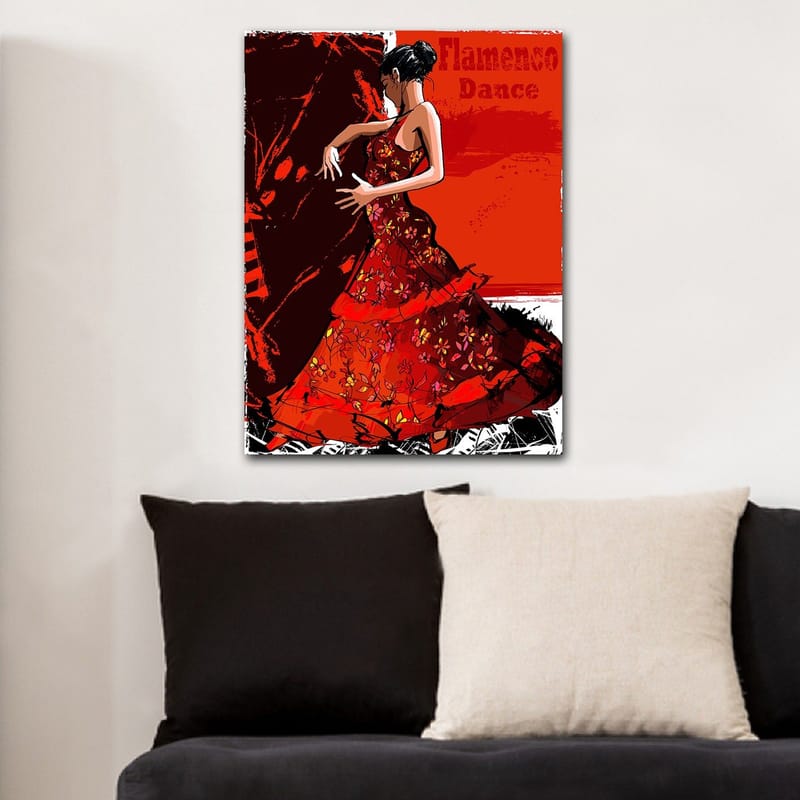 Canvastavla 70x100 cm - Flamencodansös i en röd klänning som uttrycker rörelse och passion - Röd / Mörkröd / Svart - Inredning & dekor - Tavlor & konst - Canvastavla