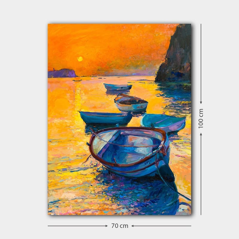 Canvastavla 70x100 cm - Flera båtar som flyter på en glittrande yta i solnedgångens varma färger - Orange / Blå / Guld - Inredning & dekor - Tavlor & konst - Canvastavla
