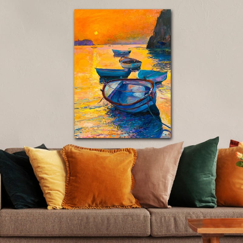 Canvastavla 70x100 cm - Flera båtar som flyter på en glittrande yta i solnedgångens varma färger - Orange / Blå / Guld - Inredning & dekor - Tavlor & konst - Canvastavla