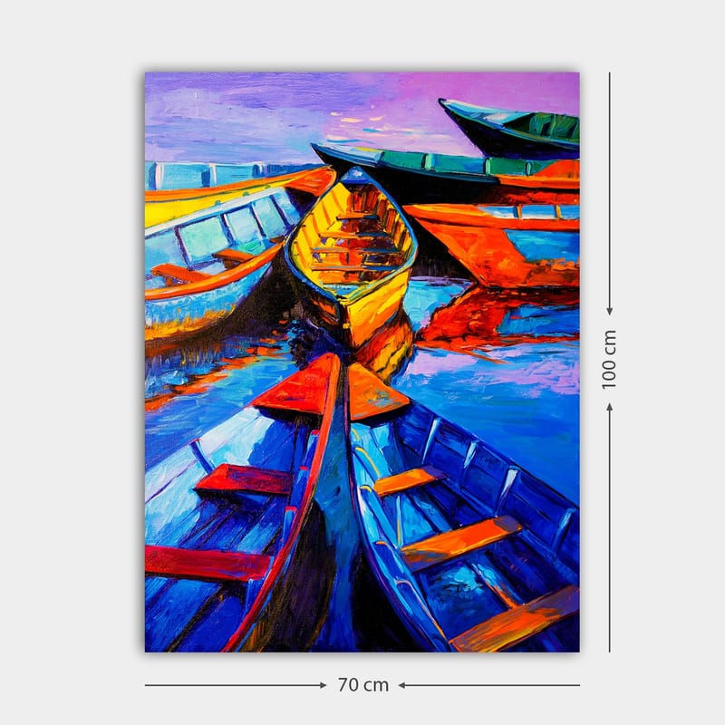 Canvastavla 70x100 cm - Flera färgglada båtar som ligger i en samling vid vattenytan - Blå / Orange / Gul - Inredning & dekor - Tavlor & konst - Canvastavla