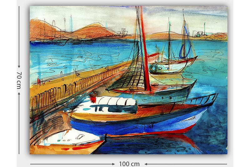 Canvastavla 70x100 cm - Flera färgglada båtar vid en hamn med en vacker havsutsikt - Blå / Röd / Beige - Inredning & dekor - Tavlor & konst - Canvastavla