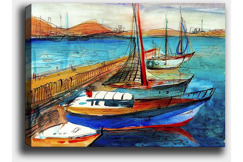 Canvastavla 70x100 cm - Flera färgglada båtar vid en hamn med en vacker havsutsikt - Blå / Röd / Beige - Inredning & dekor - Tavlor & konst - Canvastavla
