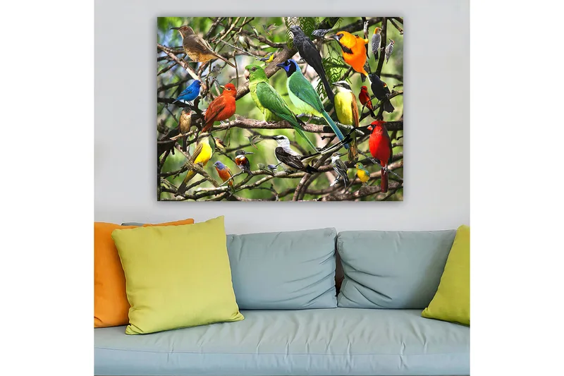 Canvastavla 70x100 cm - Flera färgglada fåglar som sitter på grenar i en livlig naturmiljö, Grön / Röd / Blå