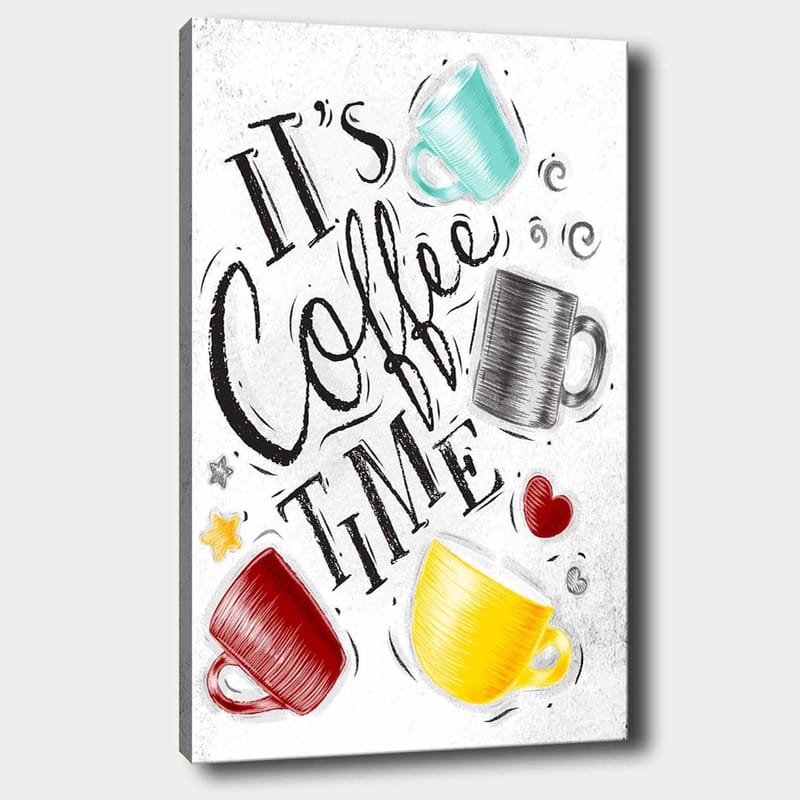 Canvastavla 70x100 cm - Flera färgglada kaffekoppar med texten It's Coffee Time, Turkos / Röd / Gul